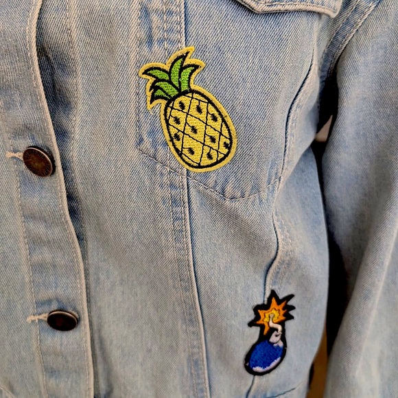 Compania Fantastica Blue Denim Jean Applique Jacket With Colorful Patchwork Sz M - Picture 13 of 16